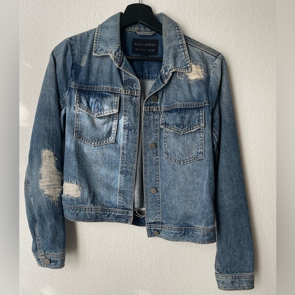 All Saints Blue Denim Jacket with Distressed Details